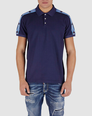 $435 Dsquared2 Men's Blue Knit Striped Maple Short Sleeve Polo T-Shirt Size S