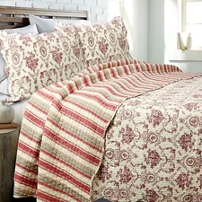 French Medallion Burgundy Red 100% Cotton Quilt Set, Bedspread, Coverlet