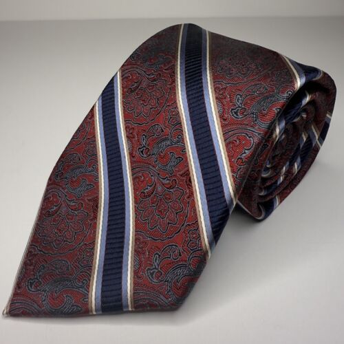 Jos A Bank Tie Signature Gold 100% Silk Red Paisley Blue Stripe 57L 3 1/2W
