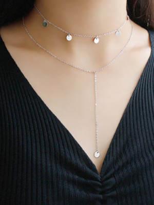 Plata de Ley Doble Capa Multi Disco Punto Círculo Gargantilla Lazo y-Drop Collar