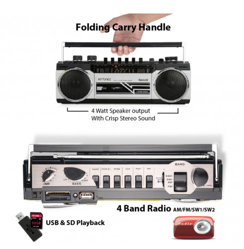 Riptunes Retro AM/FM/SW Radio + Cassette Boombox with Bluetooth and USB/SD card