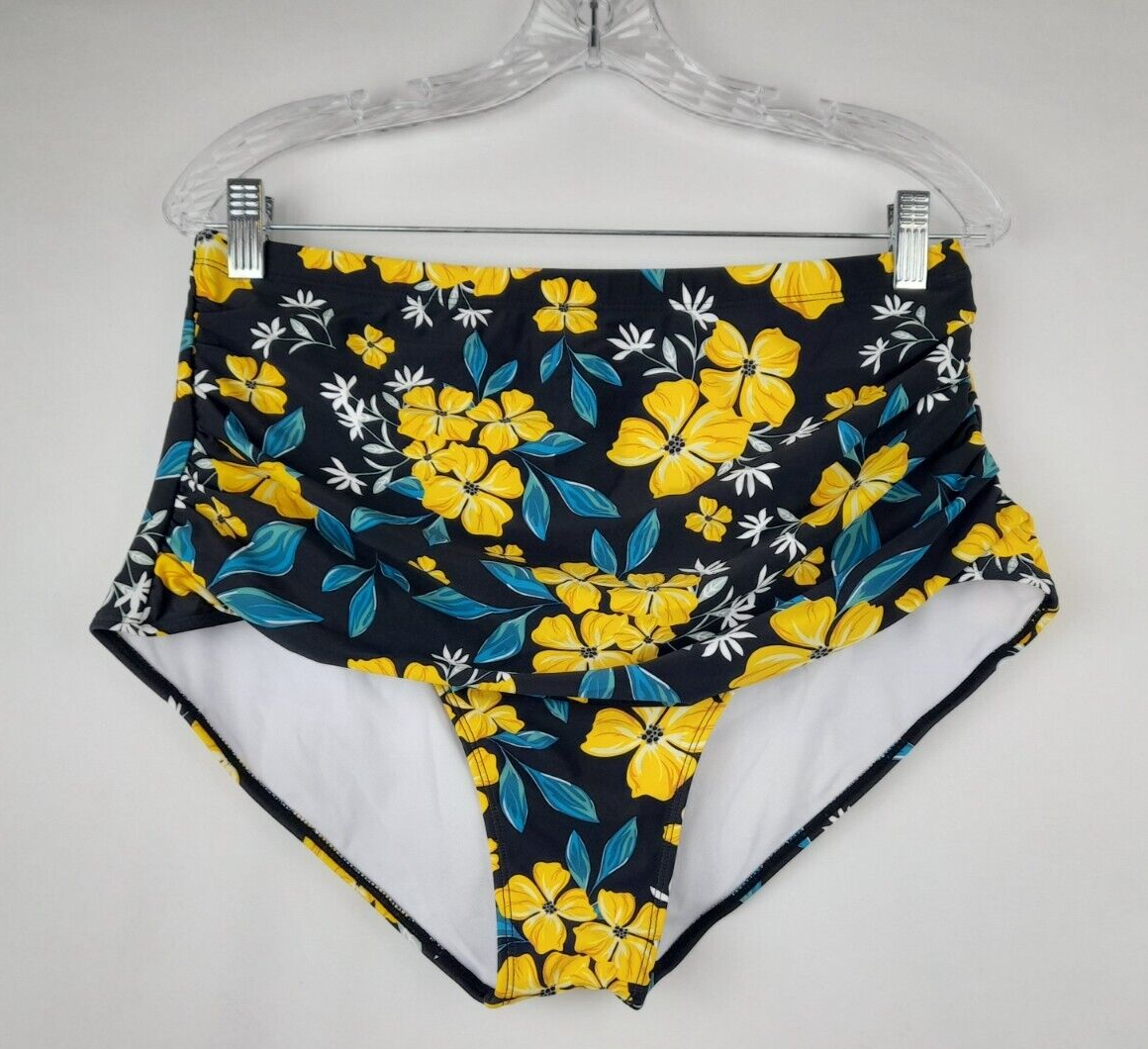 Women's Swim Size XXL Black Yellow Green Floral High-Waisted Bikini Bottom  NWOT