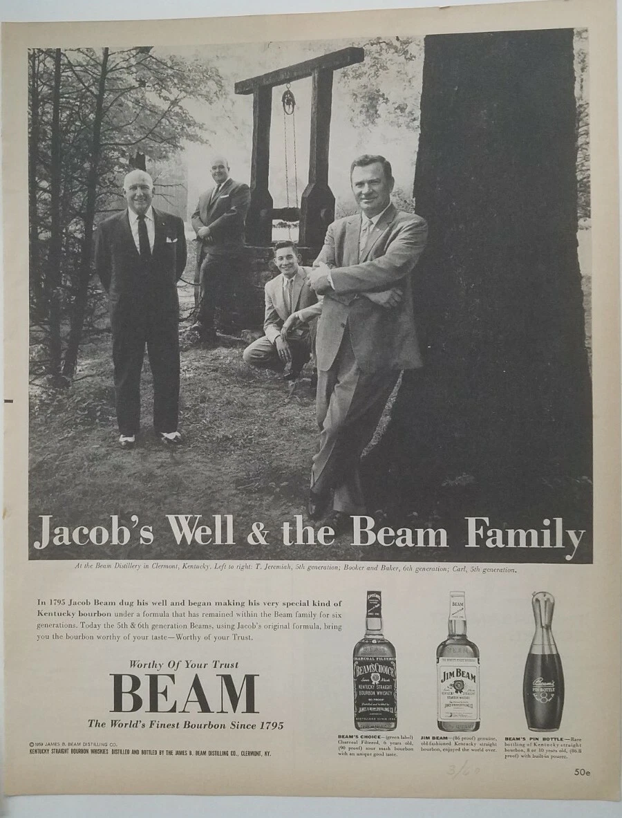 1960 Jim Beam Bourbon Whiskey pin bottle Jacobs well & family vintage ad