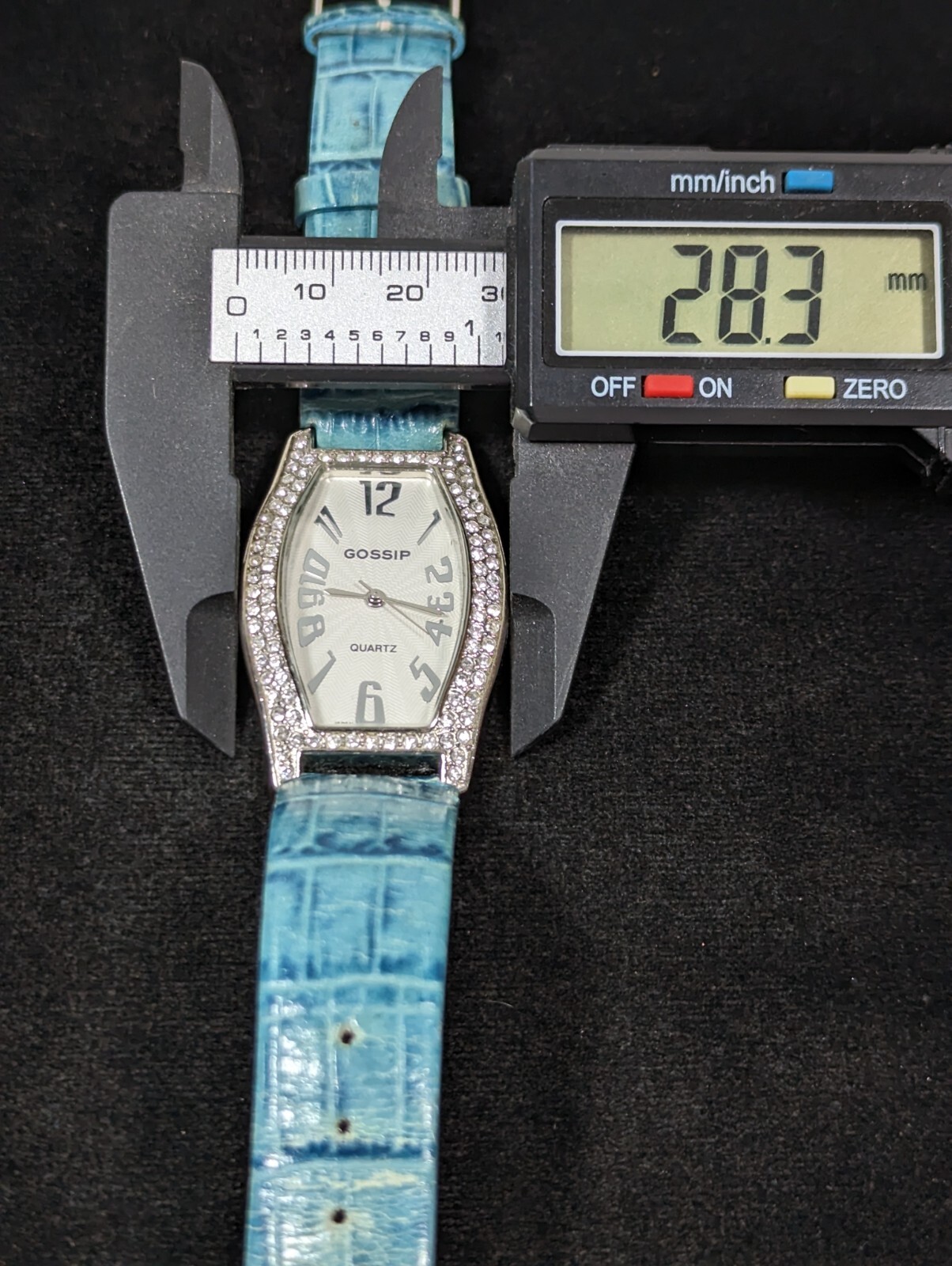 Gossip Silver Tone Crystal Accent Rectangle Case Blue Leather Band Watch 7.5 In