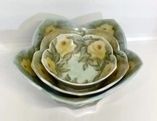 3 Floral Small Nesting Bowls - Lotus Tulip Petal - Artist Signed Vintage