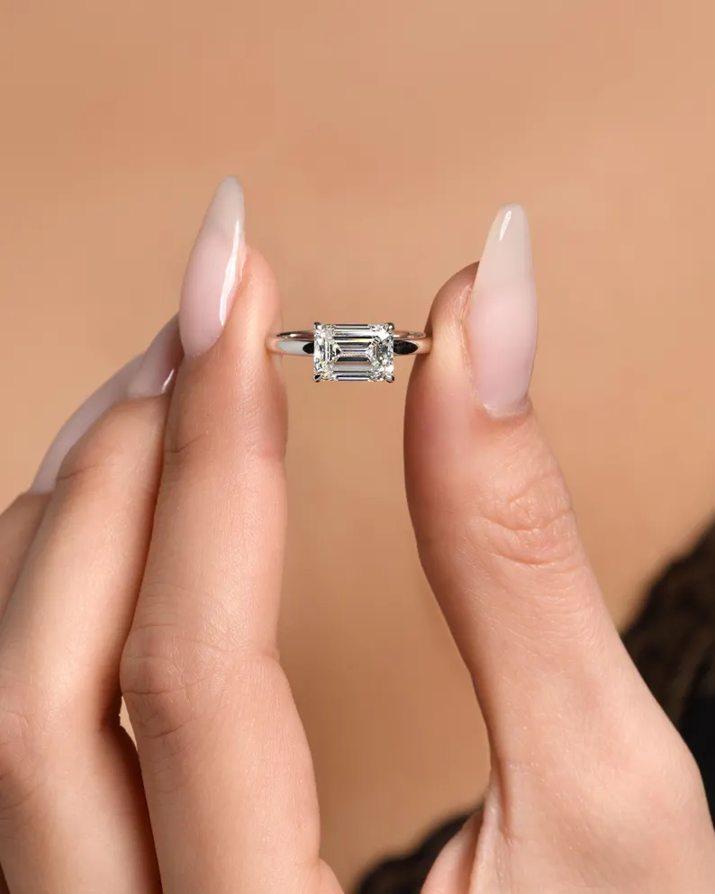 2 Carat IGI Certified Emerald Cut Diamond Solitaire Ring, East West Lab Grown