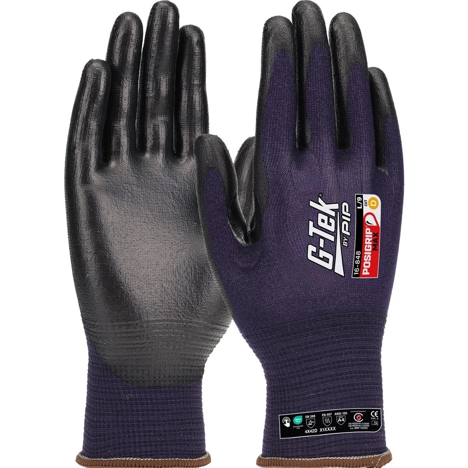 12 x G-Tek 16-848 PosiGrip Max Technology Cut D Resistant Oil Grip Touch Gloves