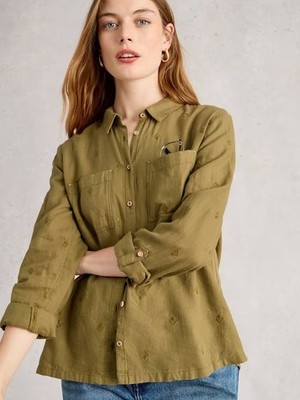 White Stuff Sophie Organic Button-Down Roll-Tab Long Sleeve Shirt, Sz 16, NWT