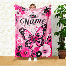 Butterfly Crown Flowers Coral Fleece Blanket Pink Hearts Custom Name