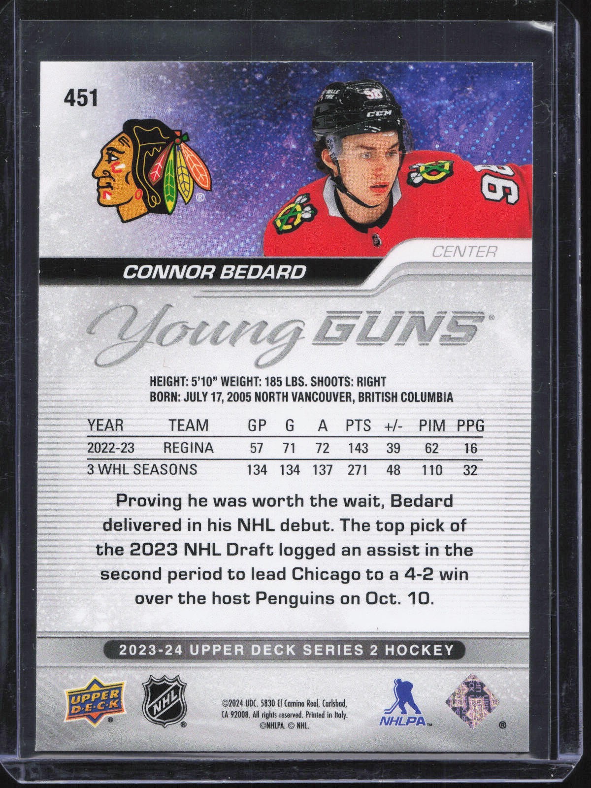 2023-24 Upper Deck Series 2 Connor Bedard #451 Young Guns Blackhawks  view 2