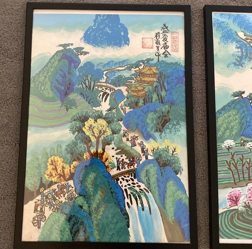 Vintage cinese MCM pittura arte 12" x 16" set di 2 metà estate tempio fiera RARO! - Foto 5 di 14