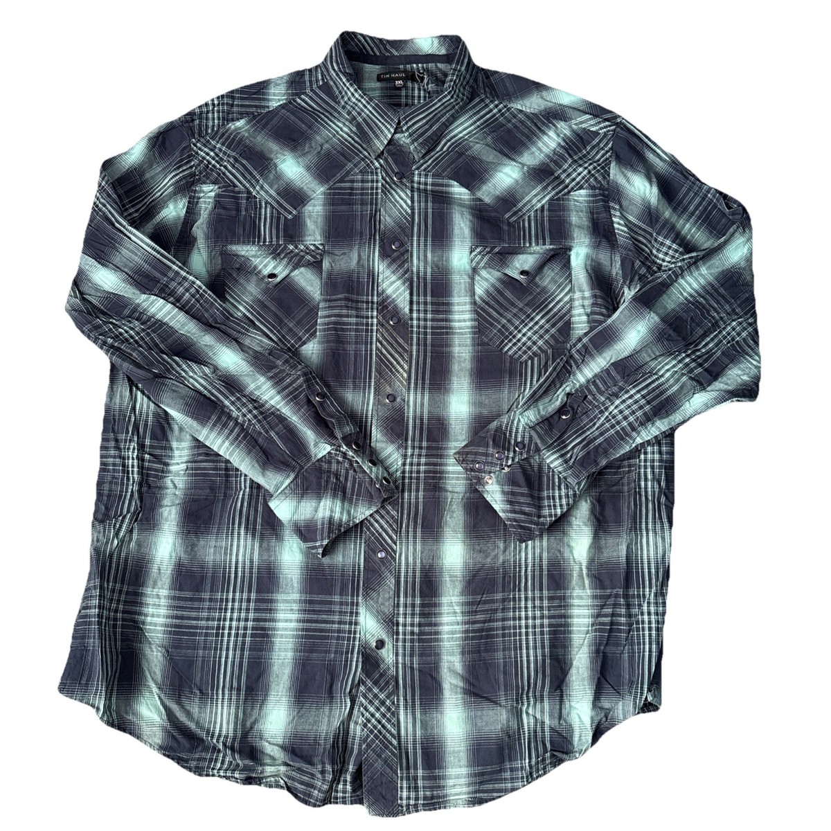 Tin Haul Western Pearl Snap Shirt Mens 3XL Blue Plaid Long Sleeve