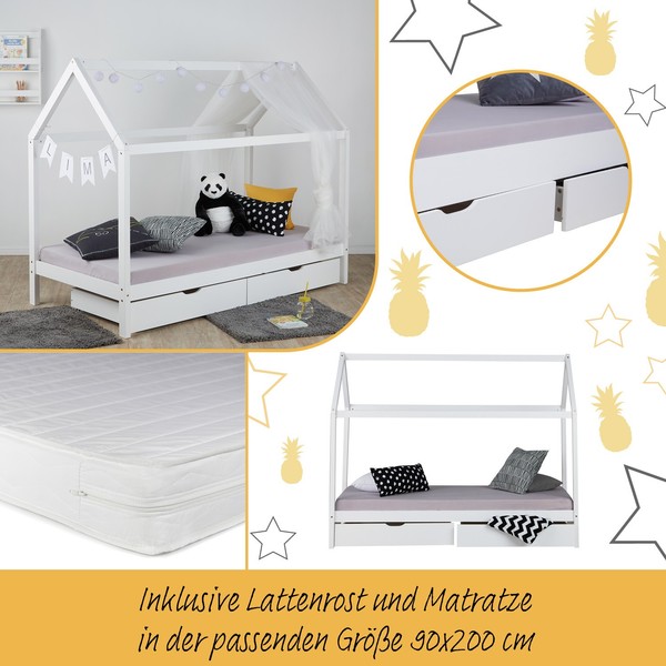 Kinderbett 90X200 Matratze MäDchen Junge 2 Schubladen Hausbett Weiß Homestyle4U-image