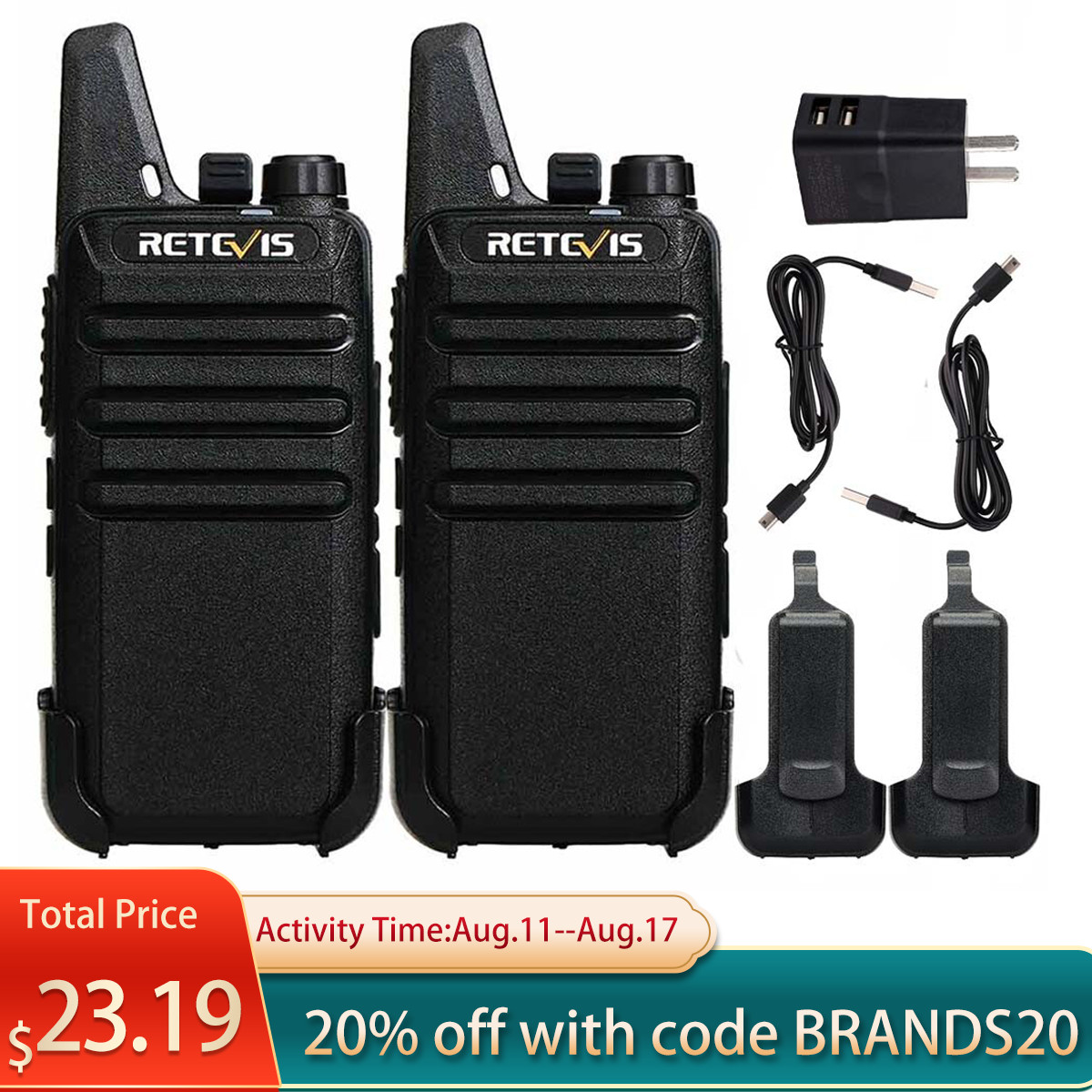 RT22 Walkie Talkies Long Range Rechargeable FRS VOX USB-C Two Way Radio 2 Pack