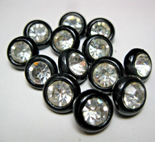 13 Vintage Buttons Black Glass Shank Rhinestone Center 1/2"