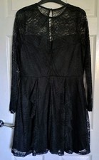 Women's Black Lace Lined Dress Ruffles Long Sleeved UK 14 Keyhole Back Button