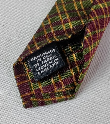 Hickey Freeman 100% Silk Tie Olive Green Red Gold Plaid - Picture 4 of 5