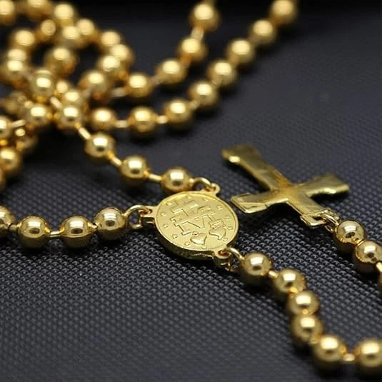 Catholic 18K Yellow Gold Over Rosary Beads 24"Necklace Jesus Crucifix Medal Men - Image 4 of 4