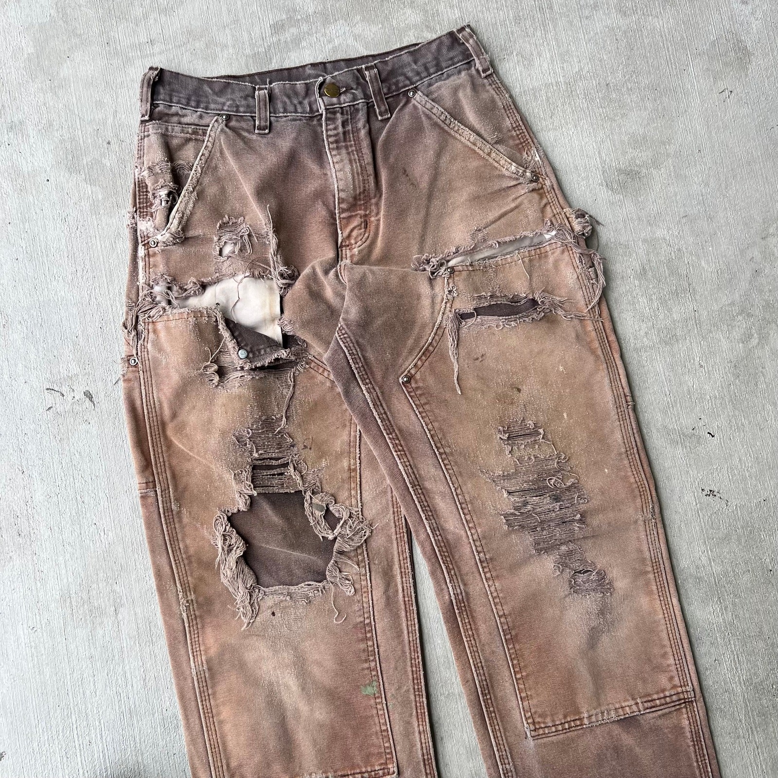 Carhartt brown faded thrashed double knee work wear carpenter pants thumbnail 2