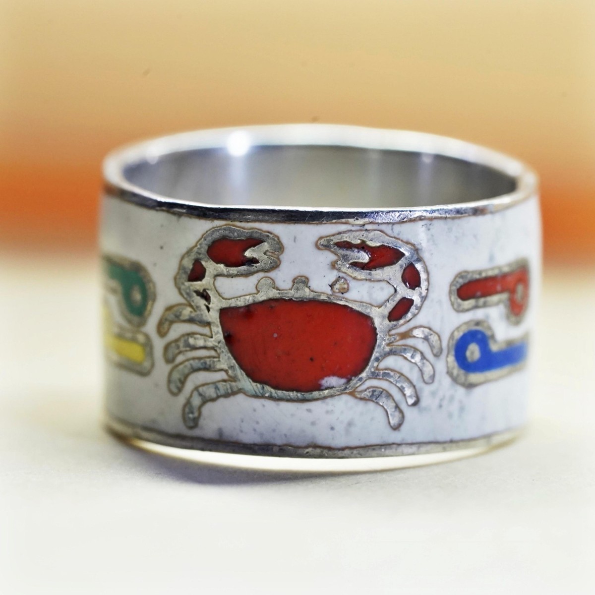 Size 4, vintage Sterling silver ring, 925 enamel tribal folk art 