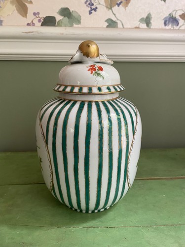 Elios Italy Lidded Ginger Jar Hand Painted Floral Desing White Green Stripes - Picture 4 of 9