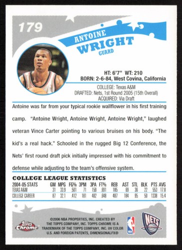 2005-06 Topps Chrome Antoine Wright #179 RC New Jersey Nets Rookie - Picture 2 of 2