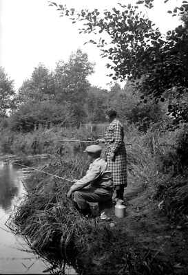 Couple water edge angling antique negative photo year. 1920