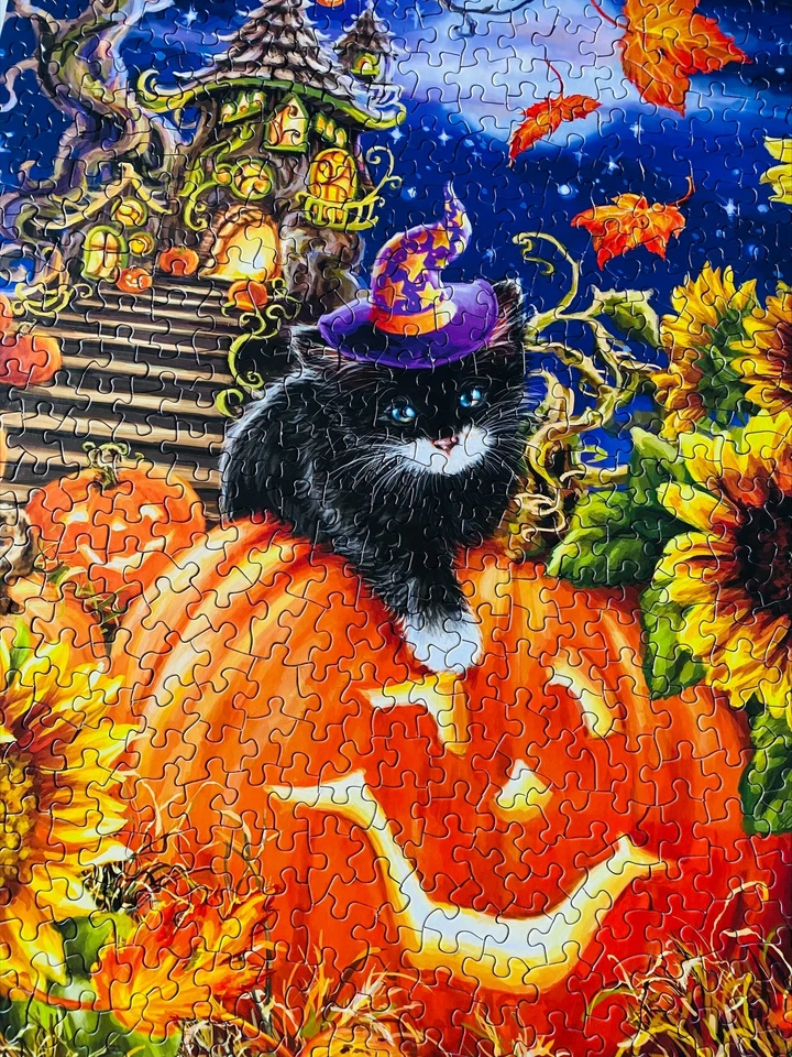 500 Piece Halloween Puzzle Black Kitten Jack O Lantern Sunflower Field - Изображение 3 из 4