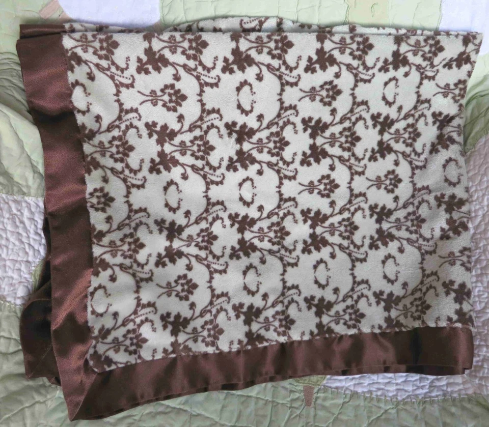 Cocalo Couture Green Brown Floral Plush w Satin Baby Blanket EUC - Image 2 of 3