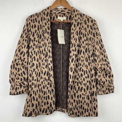 Eesome Sz Small Women s Leopard Print Ruched Sleeve Open Front Blazer Jacket NWT