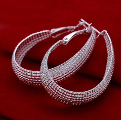 Womens 925 Sterling Silver Oval Shaped Vogue Mesh Band Hoop Earrings