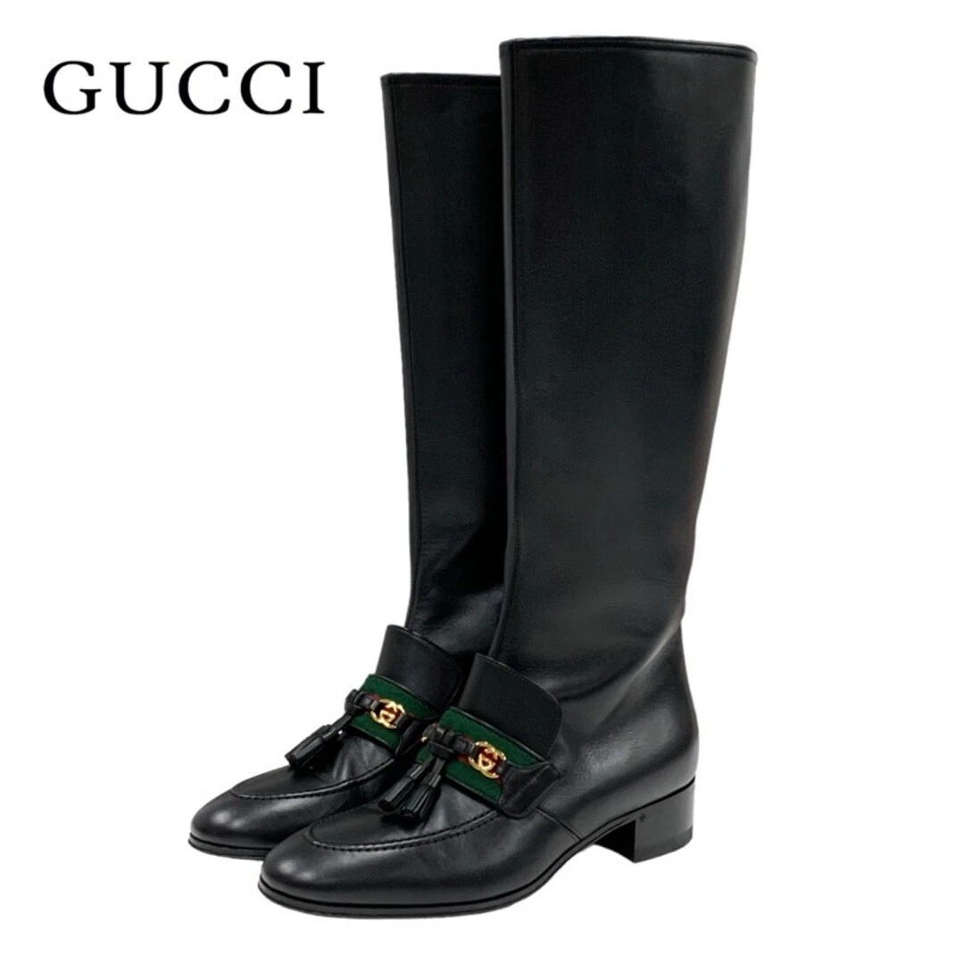 Gucci bottes chaussures longues cuir noir gland doré ligne sherry occasion TIEE 0