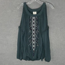 Knox Rose Blouse Women Sz L Teal Embroidered Lace Detail Top Open Shoulder Boho