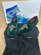 DOLCE & GABBANA GREEN VELVET GOLD CROSS RHINESTONE LOAFERS MEN'S 13 (UK 12)