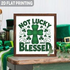 St. Patrick's Day Framed Wood Sign Not Lucky Just Blessed Plaid Shamrock Decor