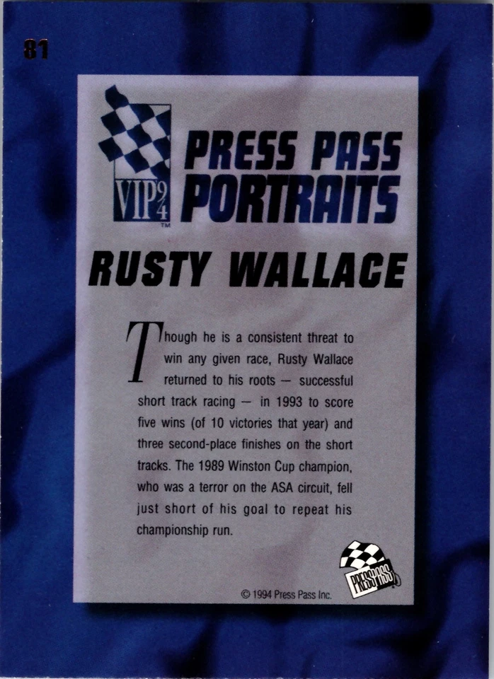 R. Wallace Penske Racing South 1994 Press Pass VIP #81 - Image 2 of 2
