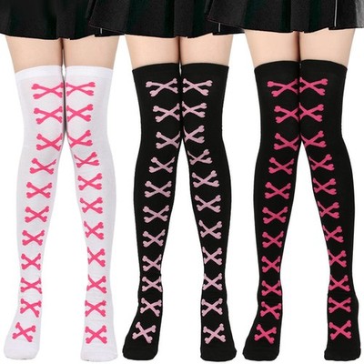 Womens Bone Thigh High Stockings Ladies Halloween Girls Black White Pink Long Ov