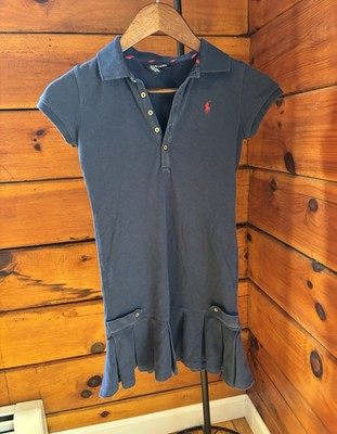 Ralph Lauren Girls Blue Logo Polo Shirt Dress Pleated Piqué SZ M (8/10)
