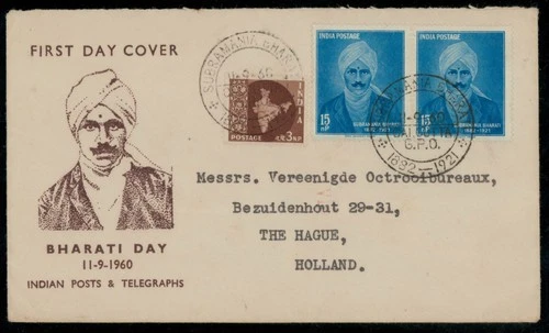 India 1960 First day cover "BHARTI DAY"  "SUBRAMANIA BHARTI" cancel to Holland