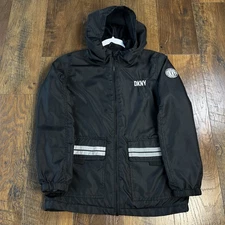 DKNY Jacket Medium 10/12 Black With White Reflective Bars Hooded Full Zipper