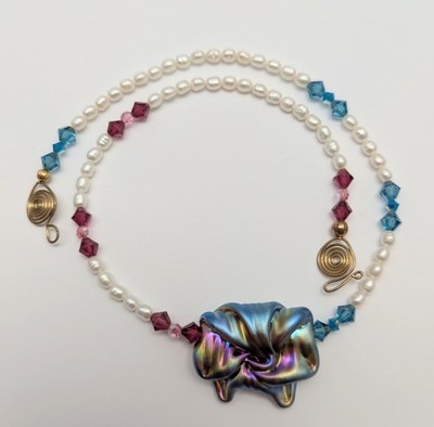 Hand Crafted Signed Genuine Pearl Iridescent Luster Blown Glass Knot Necklace
