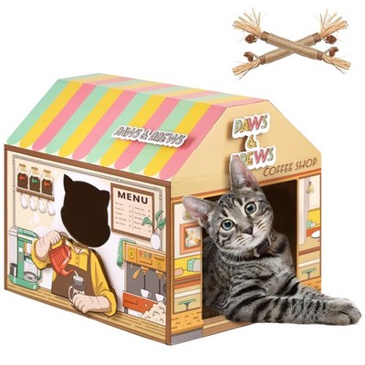 SEKAM Cardboard Cat House with Scratcher/Catnip, Coffee shop