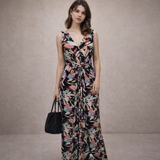 IMAN Global Chic Floral Maxi Dress Black Multi V-Neck Knot Front Sleeveless L