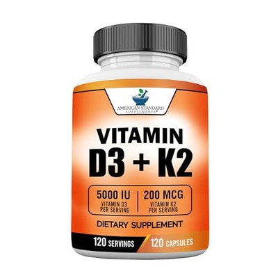 American Standard Supplements Vitamin D3 5000 IU (125mcg) Plus Vitamin K2 (MK7)
