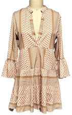Babydoll Mini Dress Pink Geometric Pattern 3/4 Ruffled Bell Sleeves V-Neck M