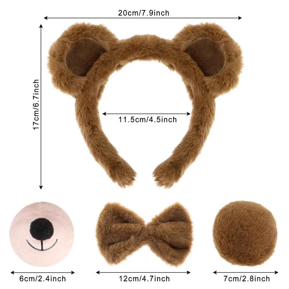 Conjunto de Disfraz de Oso Orejas Diadema Cola Nariz Pajarita Halloween Juegos con disfraces Fiesta Foto 2 de 4