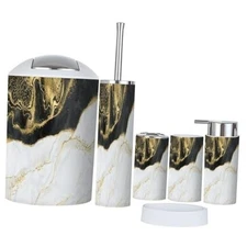 Bathroom Accessory Set 6 Piece Abstract Texture Black White Marble Gold Multi7
