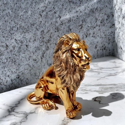 10''H Golden Color Majestic Sitting Lion Figurine Ornament Home Decor Unique Gift