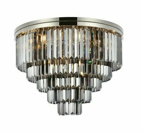 Large Polished Nickel Flush Mount Crystal Light Silver Shade Dining Room Fixture - Picture 1 of 9