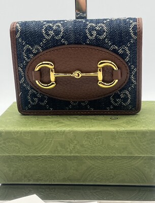 NWT Authentic Gucci Horsebit 1955 Denim Card Case Wallet +